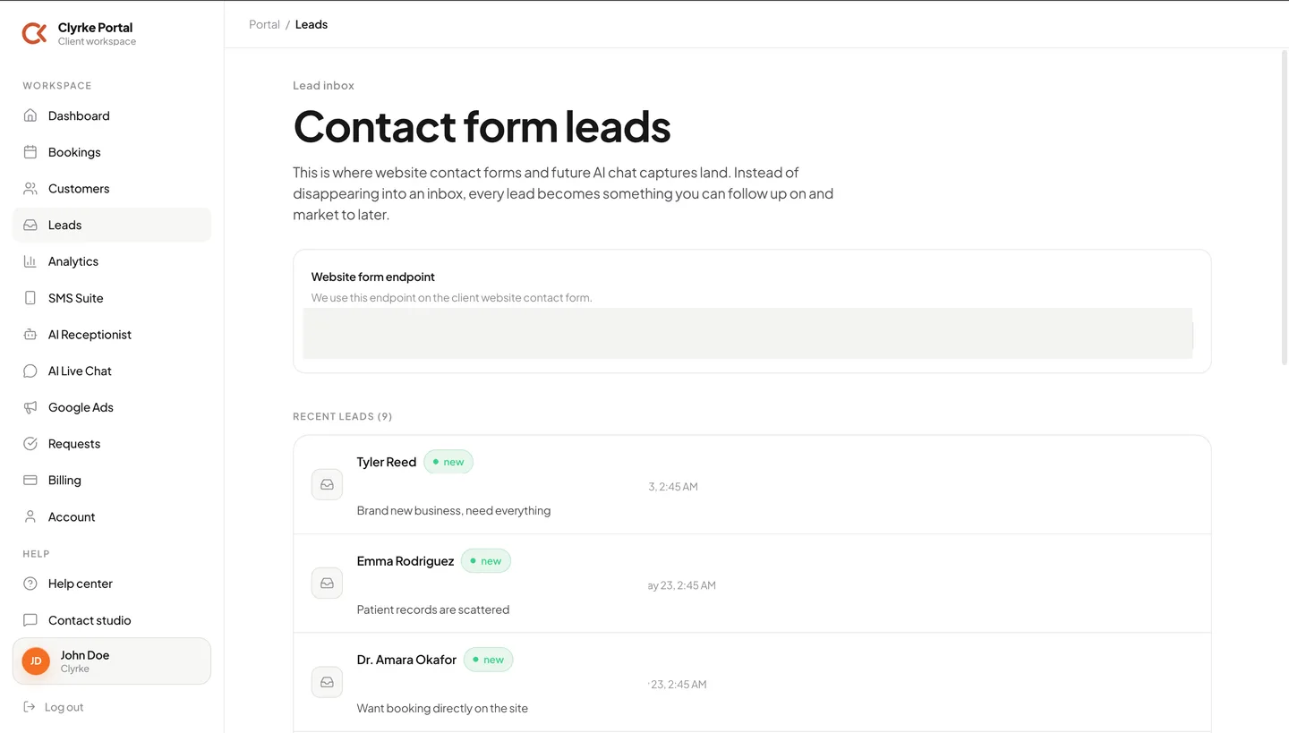 Lead inbox in the Clyrke portal