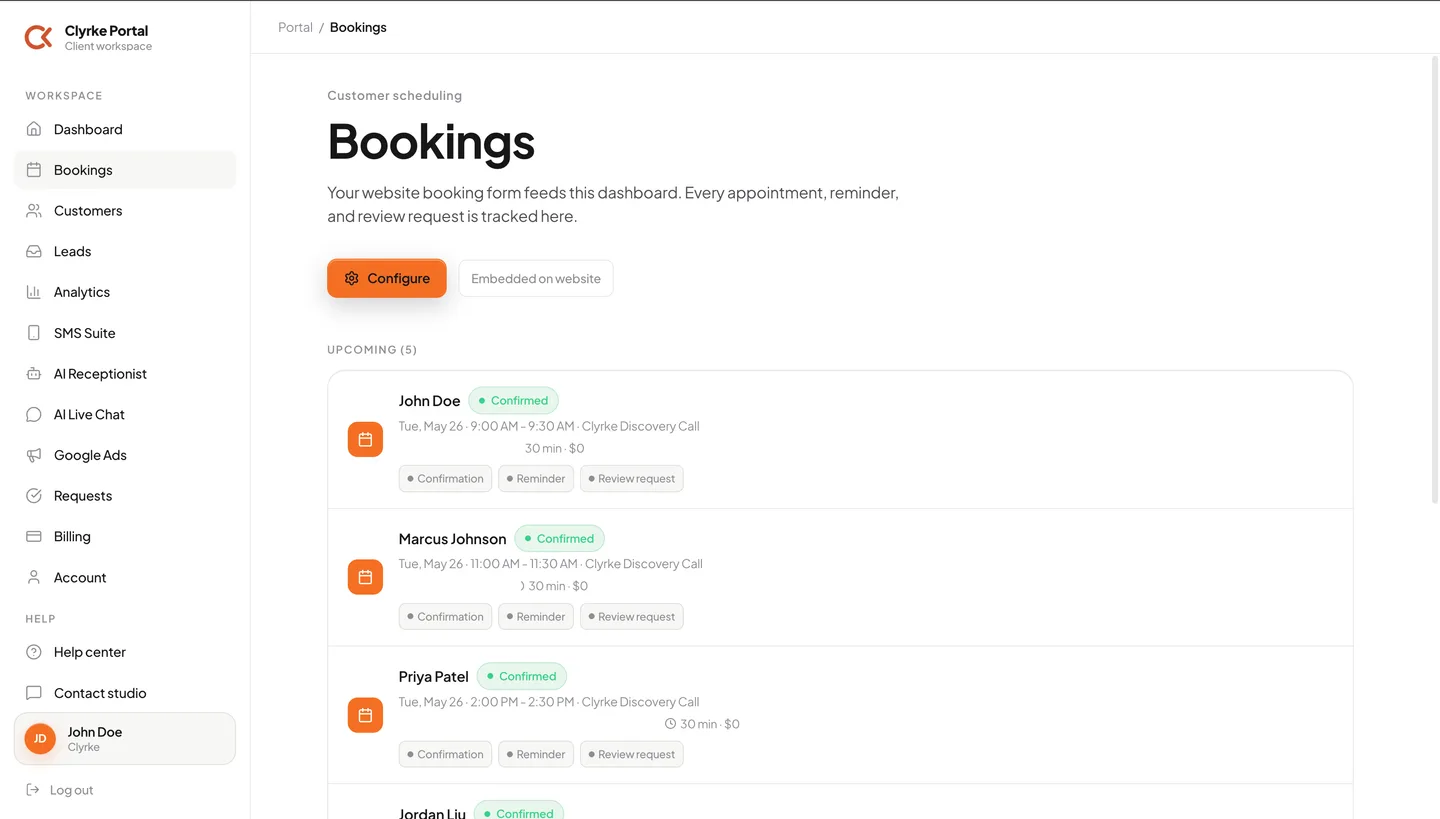Bookings dashboard in the Clyrke portal