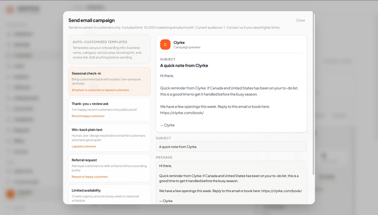 Email campaign composer in the Clyrke portal